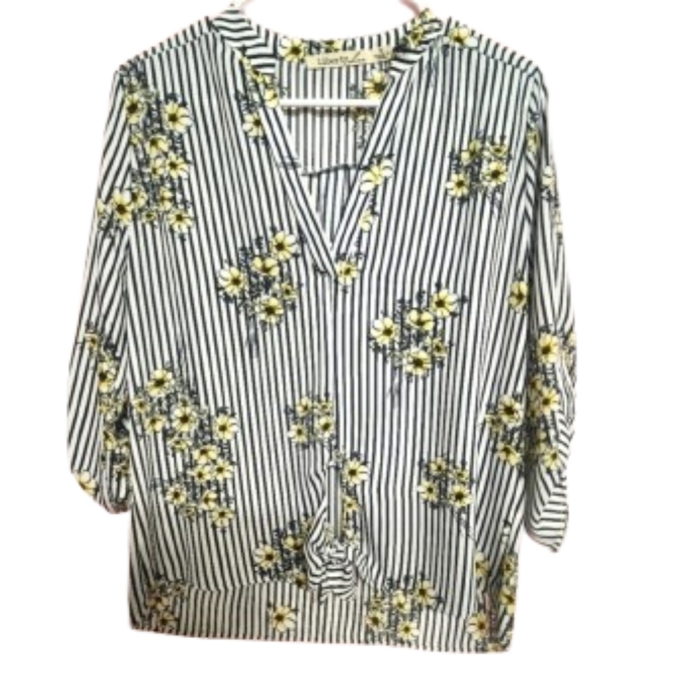 Womens Liberty Love Black and White Stripes Yellow Flowers Blouse Size …